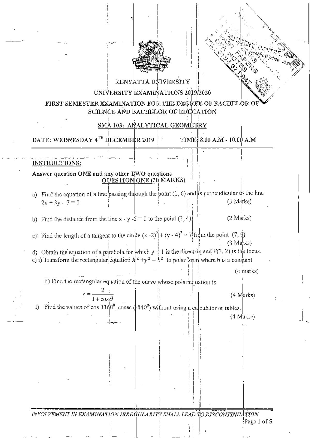 SMA 103 PAST Paper - KENYATTA UNIVERSITY UNIVERSITY EXAMINATIONS FIRST ...
