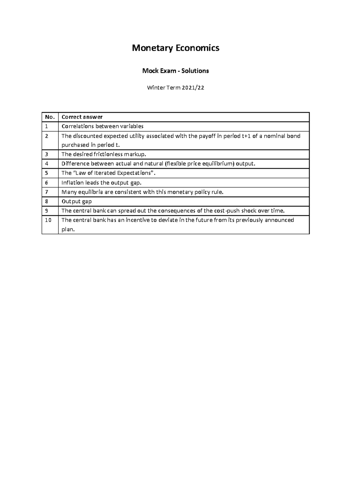 ME Mock-Solutions - Solutions to Mock Exam 2023 - Monetary Economics ...