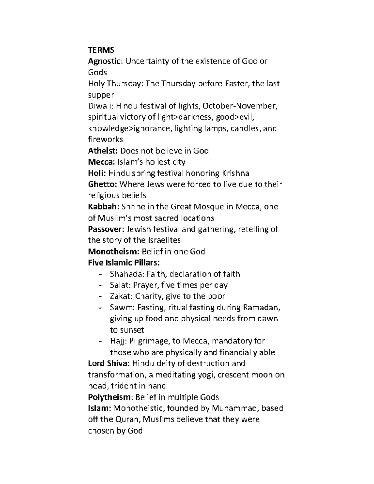 Religioin Exam Review 2023 - TERMS Agnostic: Uncertainty of the ...