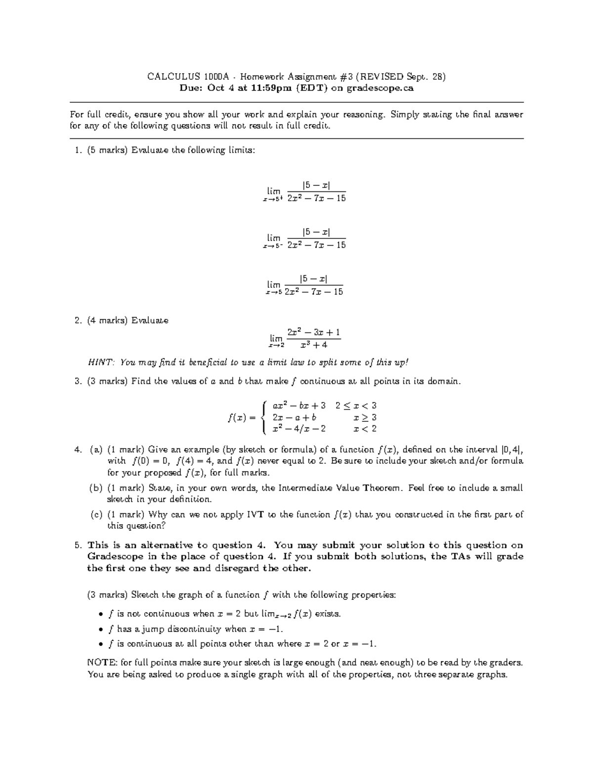 CALC Assignment 3 - CALCULUS 1000A - Homework Assignment #3 (REVISED ...
