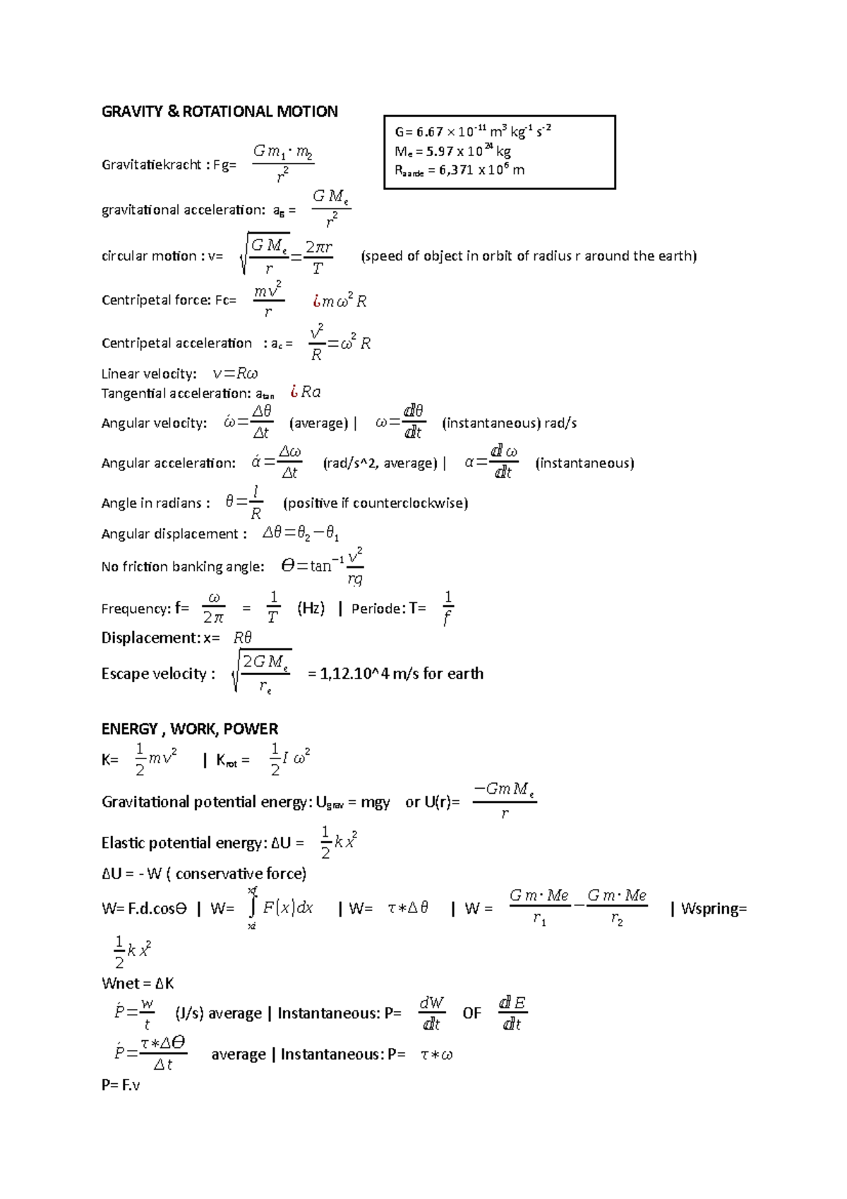 Formuleblad Fysica - formules - GRAVITY & ROTATIONAL MOTION ...
