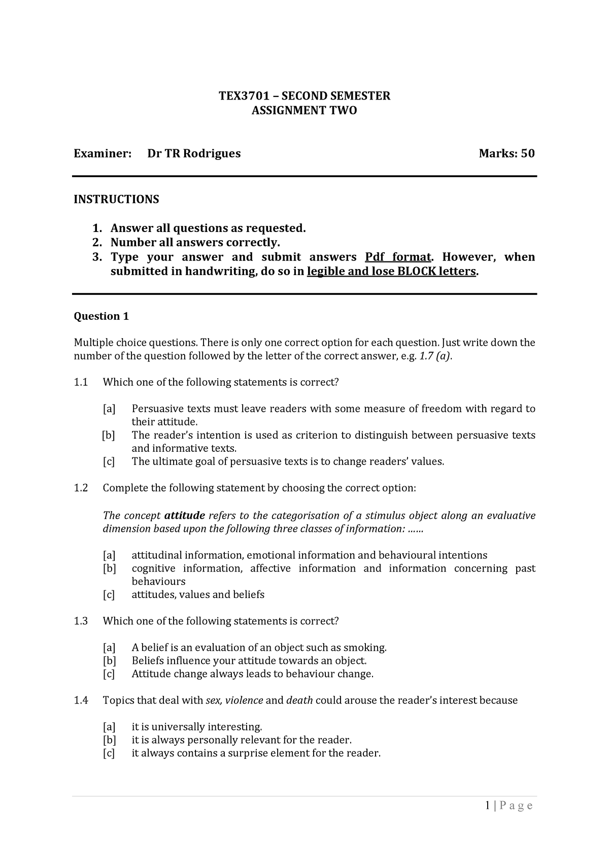 Assignment Two (English) - TEX3701 ñ SECOND SEMESTER ASSIGNMENT TWO ...