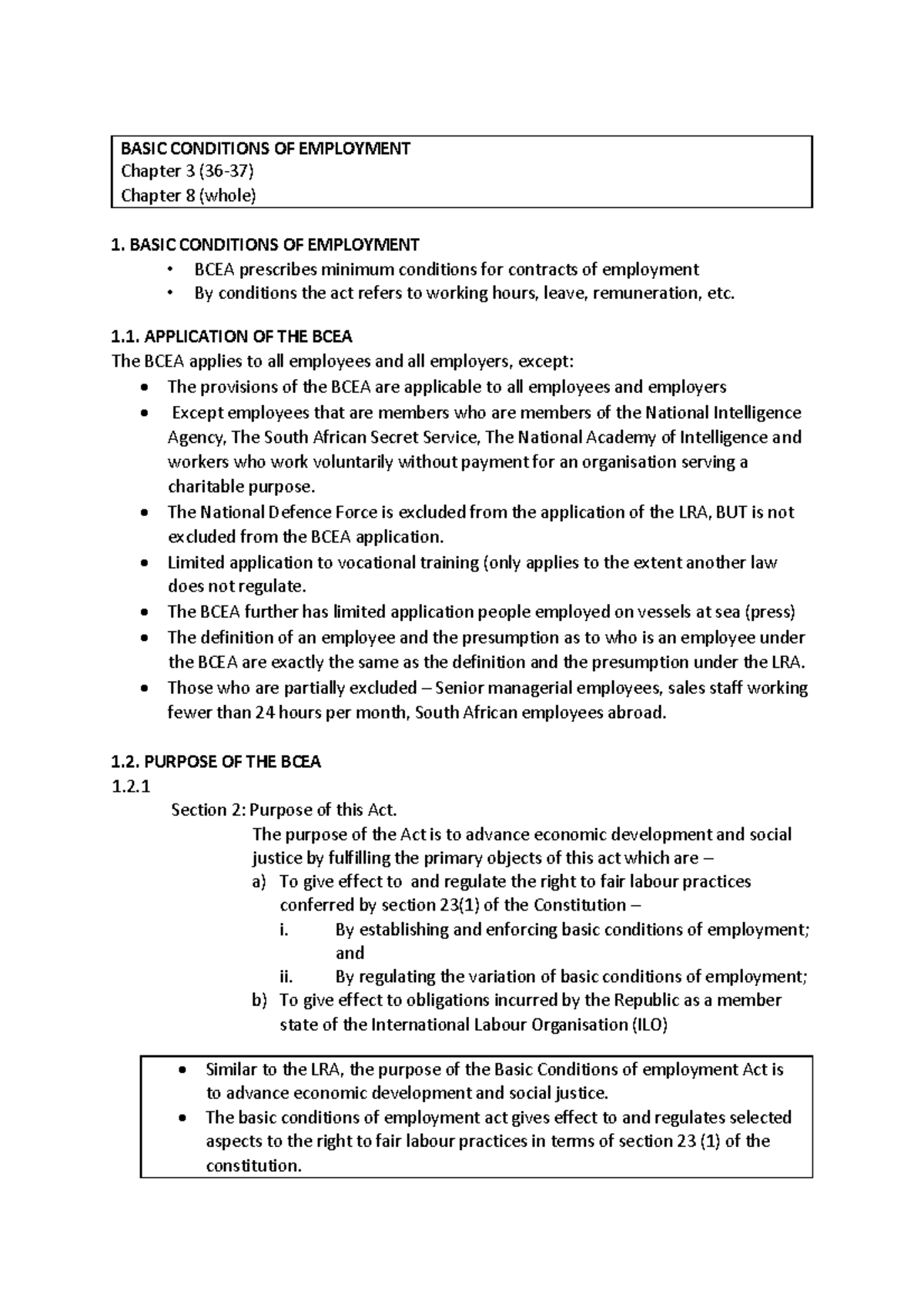 Basic Conditions Of Employment Notes - Basic Conditions Of Employment 