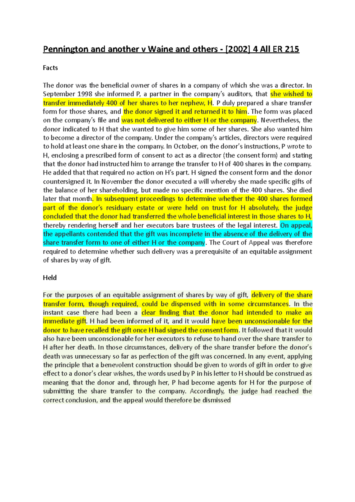 Judgement Reading Pennington and another v Waine and others [2002