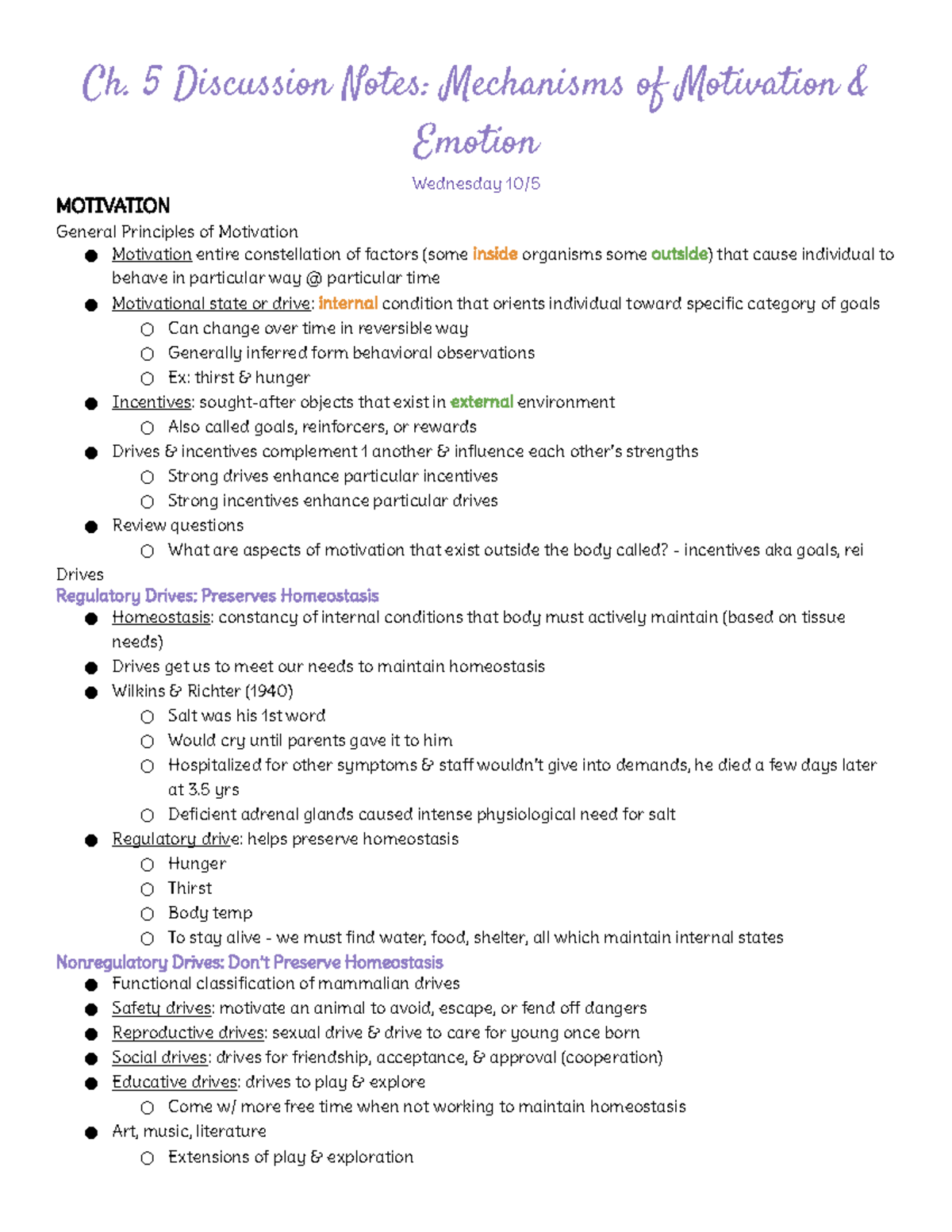 Ch. 5 Notes: Mechanisms of Motivation Emotion - Ch. 5 Discussion Notes ...