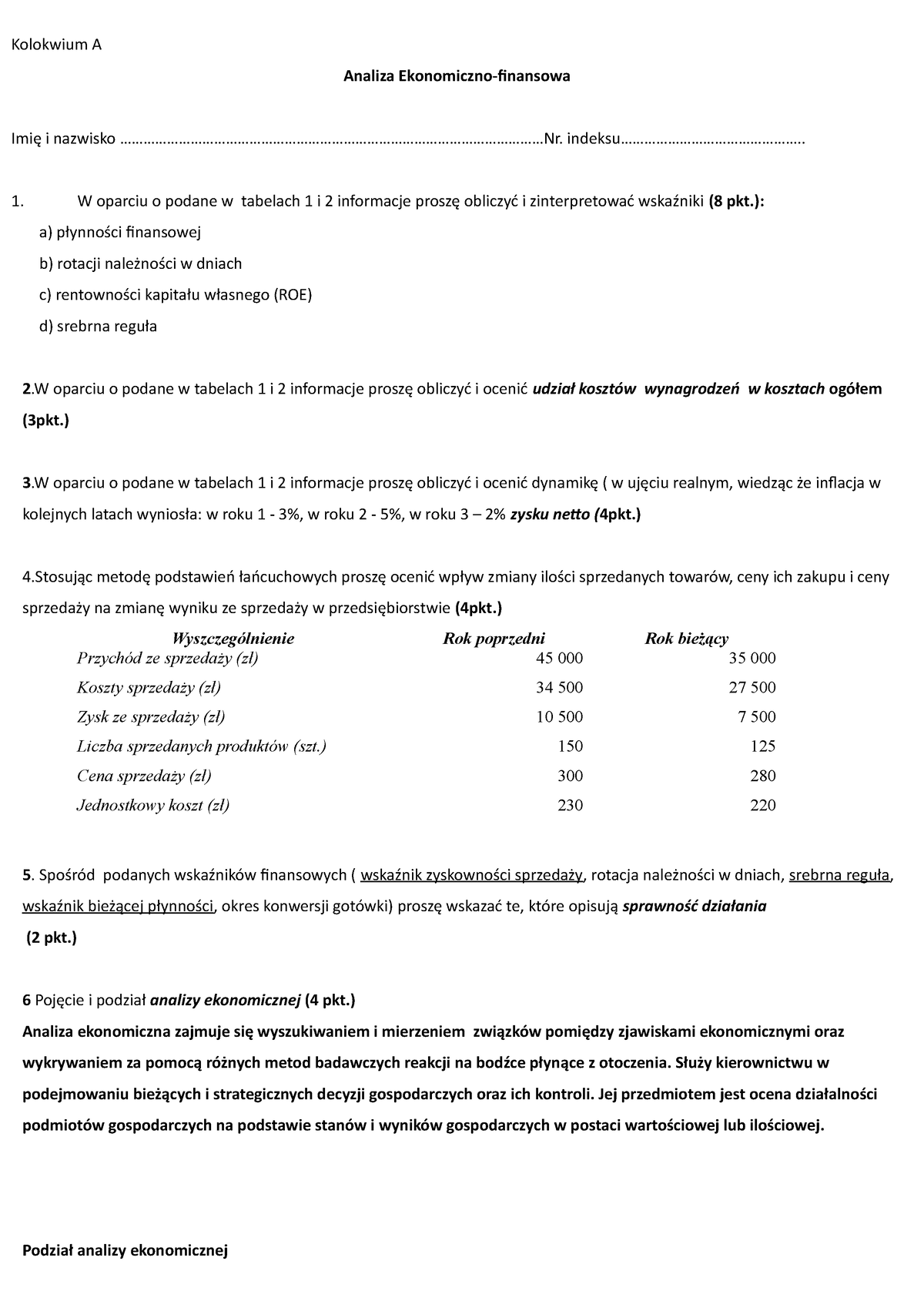 Analiza Ekonomiczno-finansowa - Kolokwium A Analiza Ekonomiczno ...