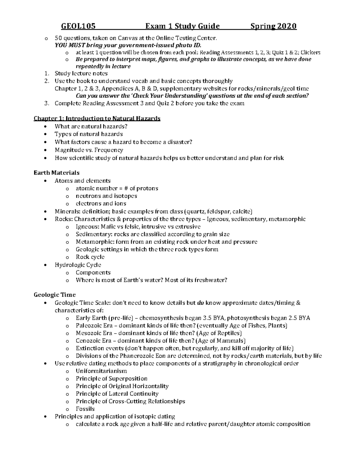 GEOL105 S20 Exam 1 Study Guide - GEOL105 Exam 1 Study Guide Spring o 50 ...