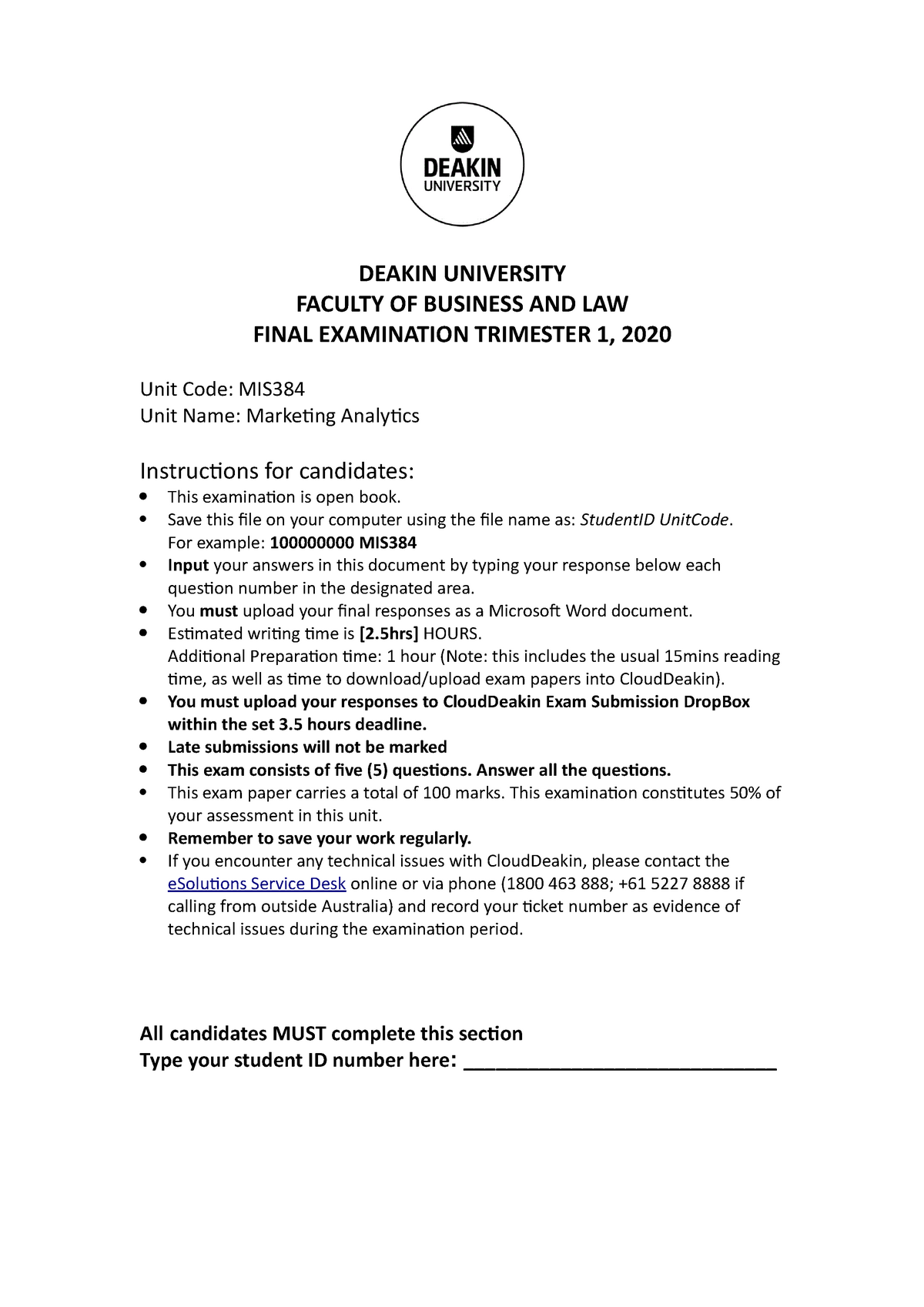 MIS384 Exam T1 2020 - DEAKIN UNIVERSITY FACULTY OF BUSINESS AND LAW Sns-Brigh10