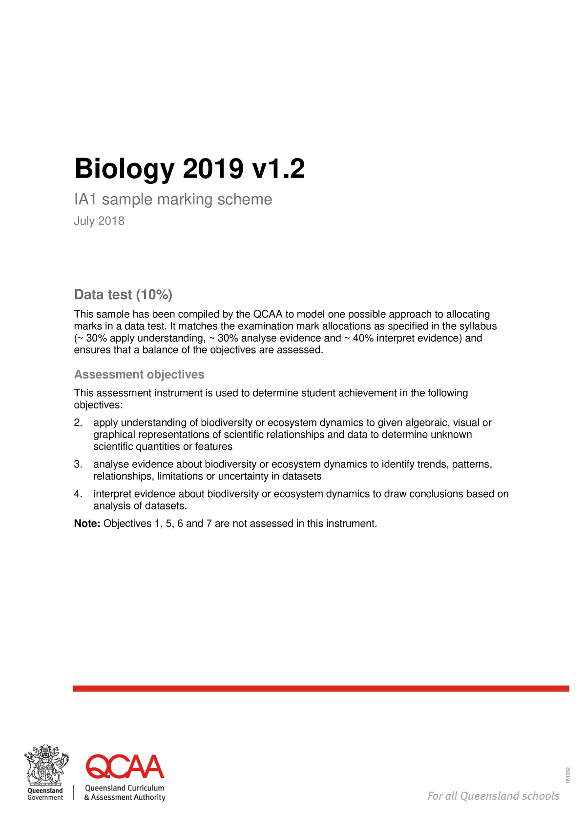 QCAA 2019 Data Test Exemplar MS 181032 Biology 2019 v1. IA1 sample