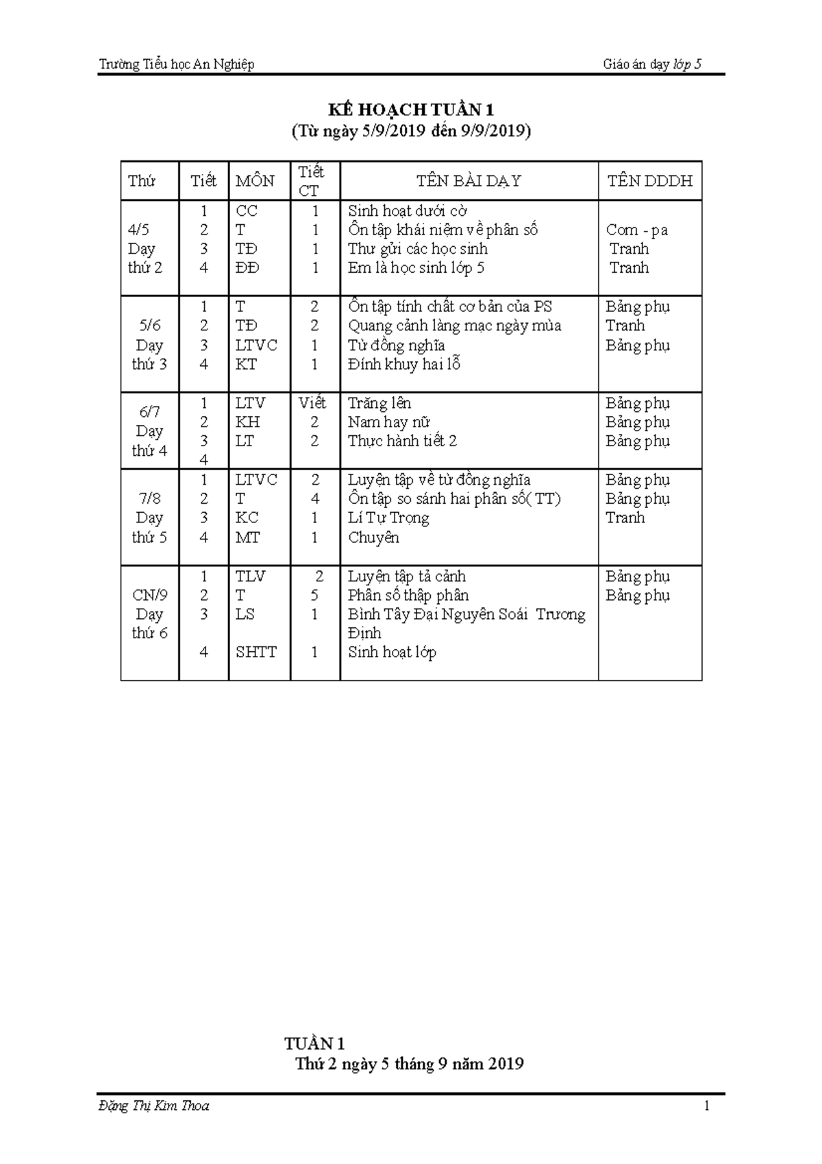 GA TUẦN 1 - tghg - KẾ HOẠCH TUẦN 1 (Từ ngày 5/9/2019 đến 9/9/2019) Thứ ...