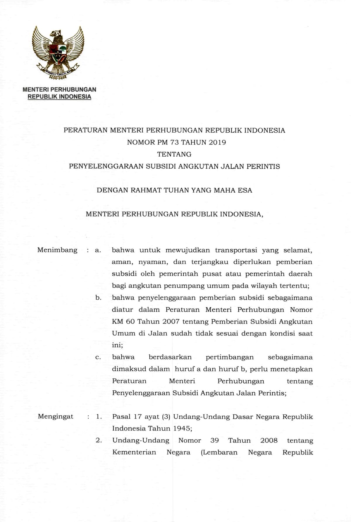 PM 73 Tahun 2019 - Peraturan - MENTERI PERHUBUNGAN REPUBLIK INDONESIA ...