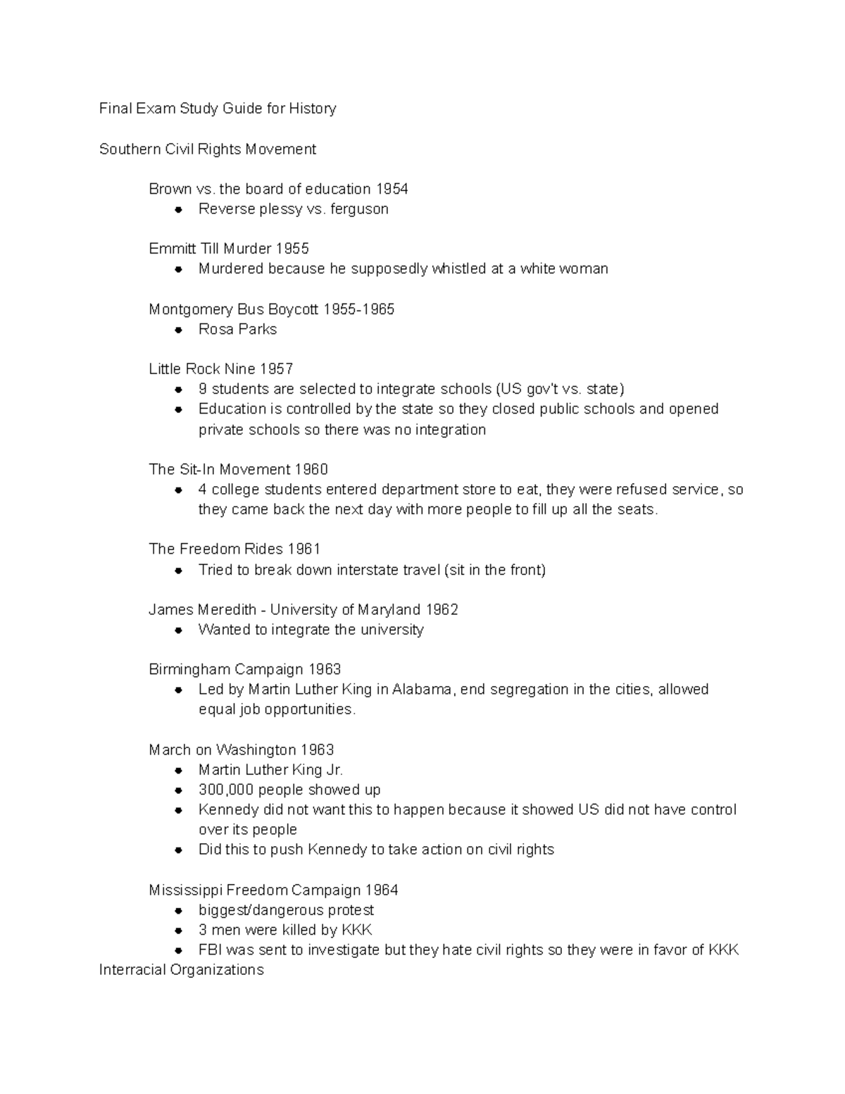 History Final Exam Study Guide Final Exam Study Guide for History