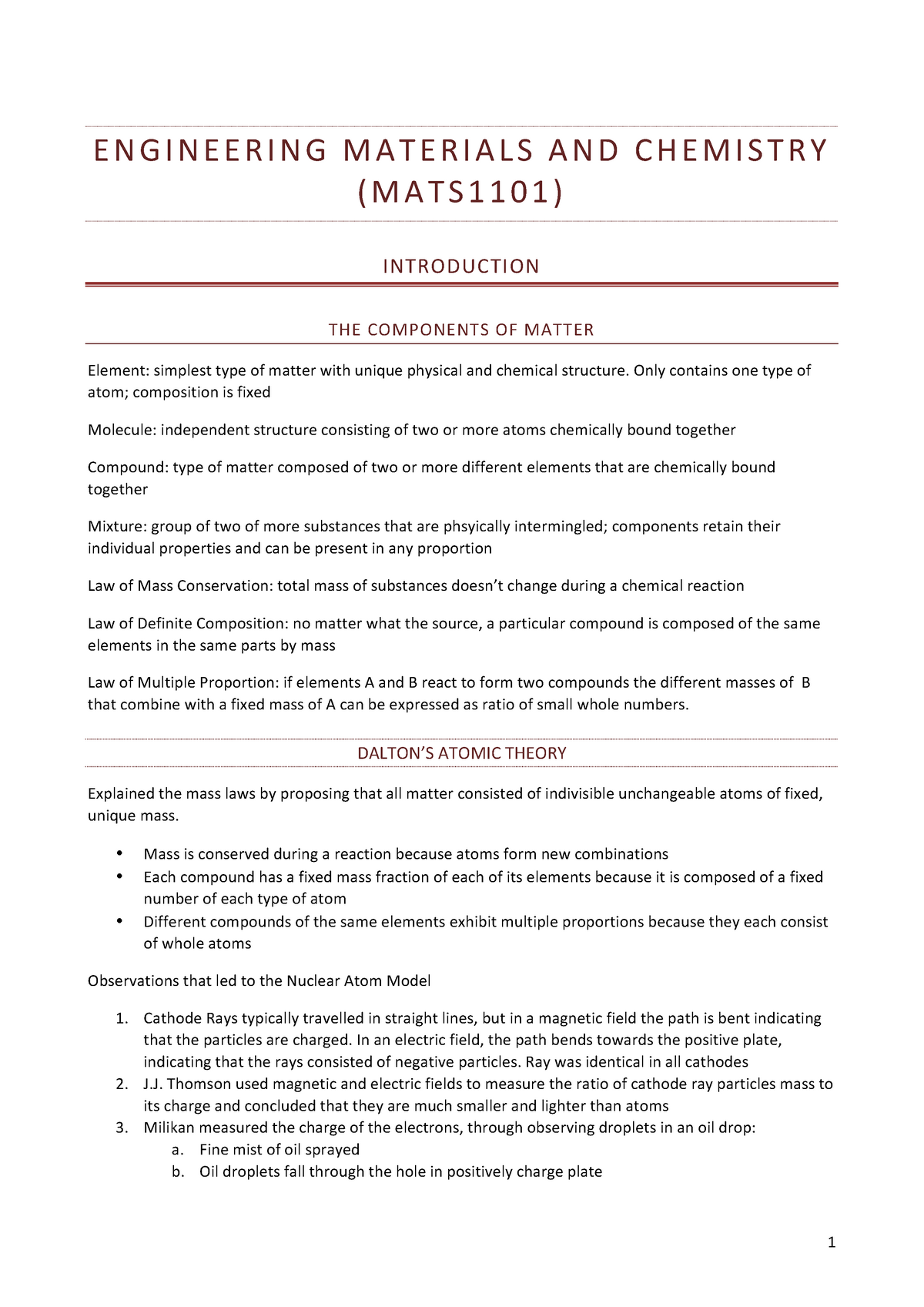 Chemistry Notes - ENGINEERING MATERIALS AND CHEMISTRY (MATS1101 ...