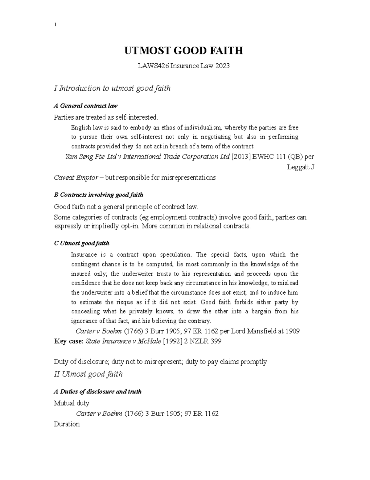 Utmost good faith 2023 Lecture outlines 1 UTMOST GOOD FAITH LAWS426