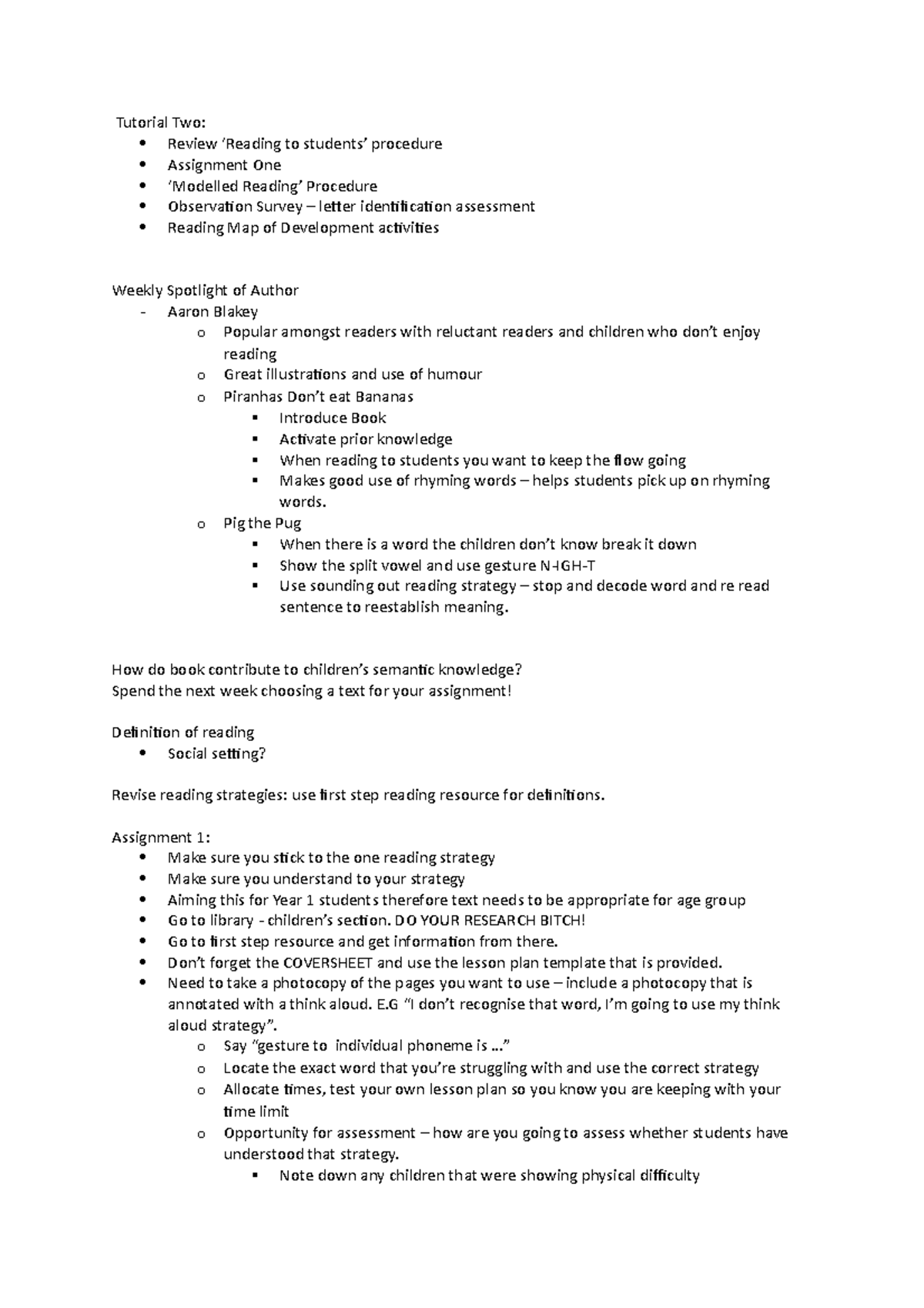 Tutorial 2 Notes - Tutorial Two: Review ‘Reading to students’ procedure ...