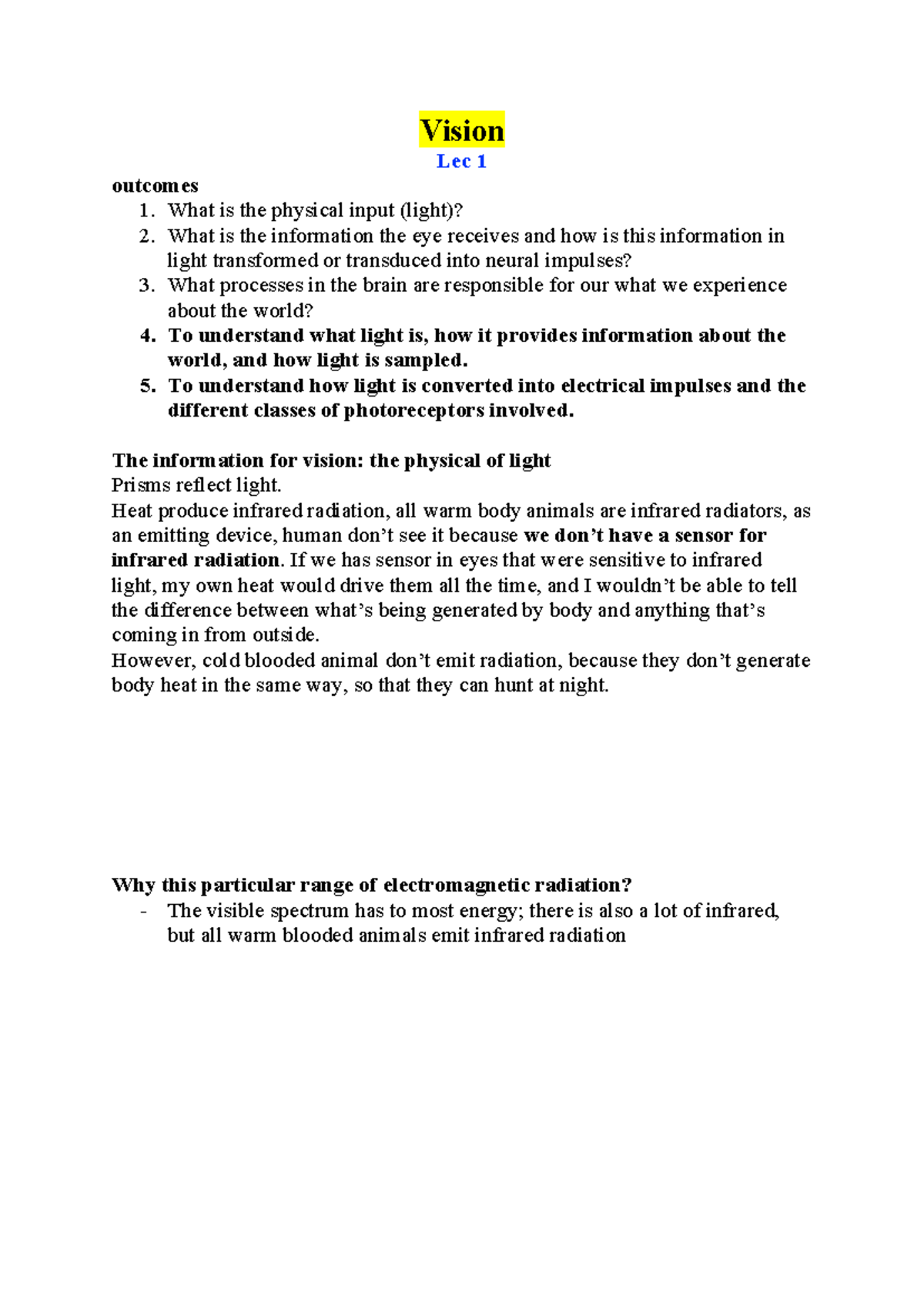 Psyc2016 Reveiw 1 - Notes for review - Vision Lec 1 outcomes What is ...