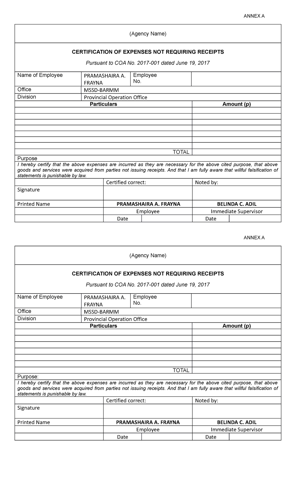 CERT - Traveling documents - ANNEX A (Agency Name) CERTIFICATION OF ...