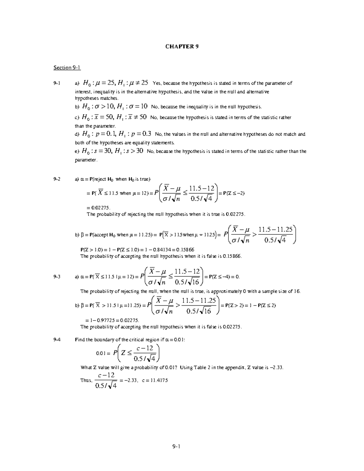 Solution manual - CHAPTER 9 Section 9- ####### 9-1 a) H 0 :μ= ,25 H 1 ...