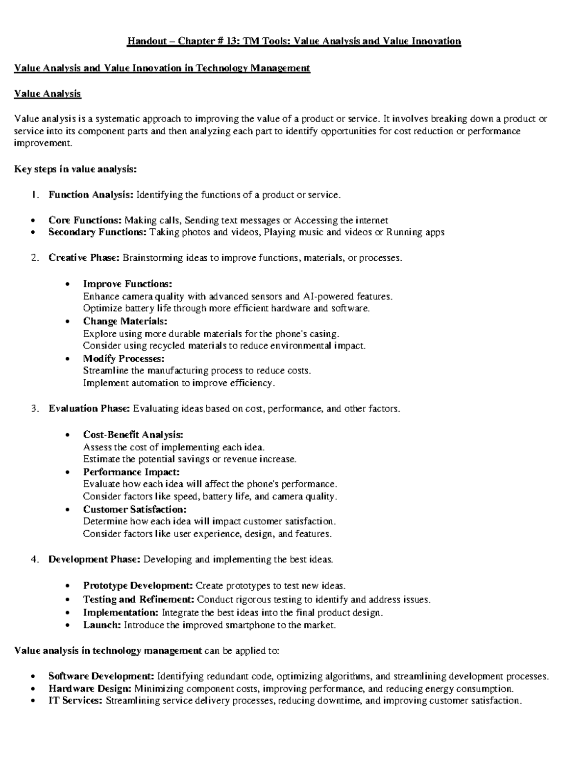 Handout Value Analysis and Value Innovation - Handout – Chapter # 13 ...