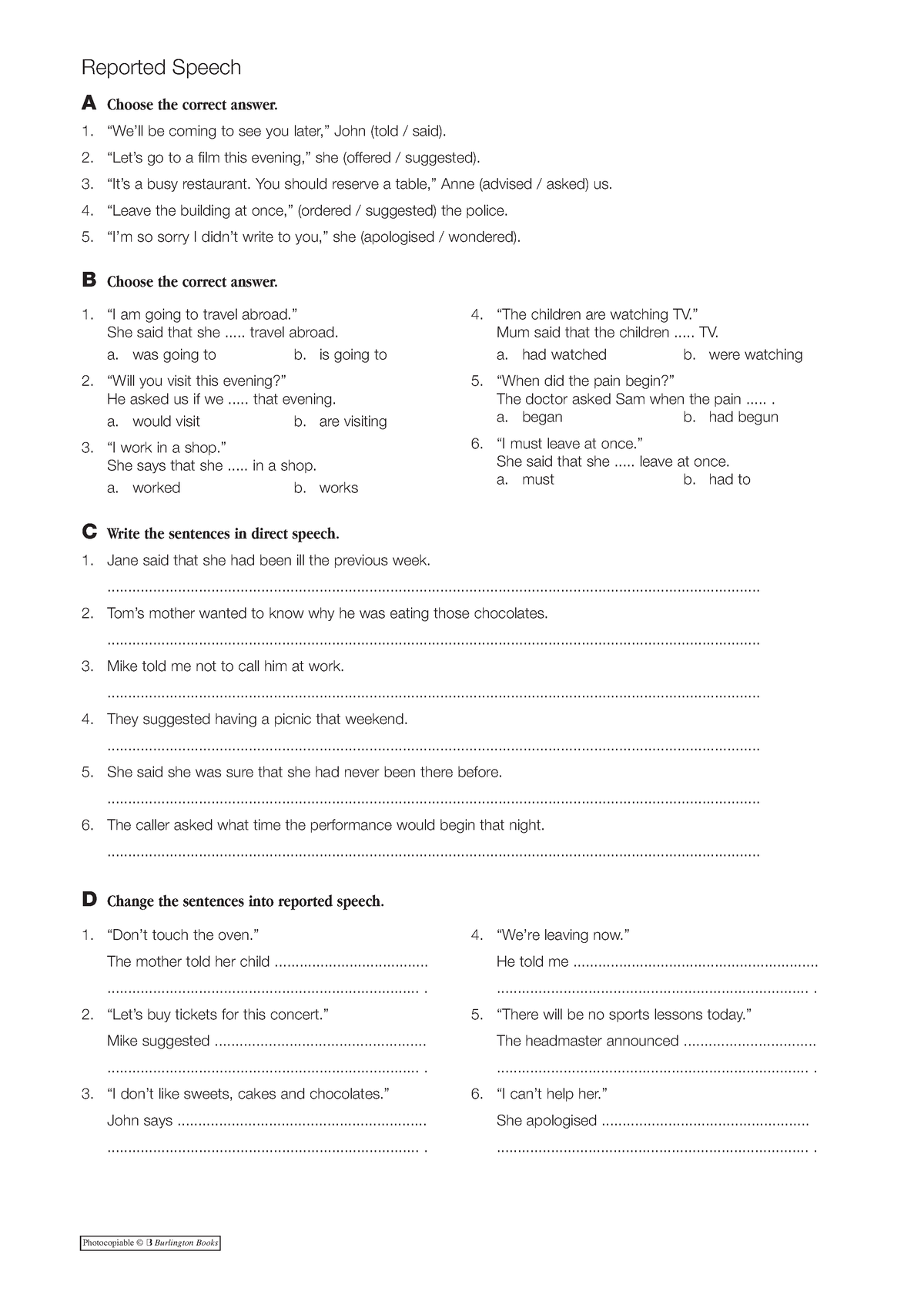 Grammar-Reported Speech 2671 - C Write the sentences in direct speech ...