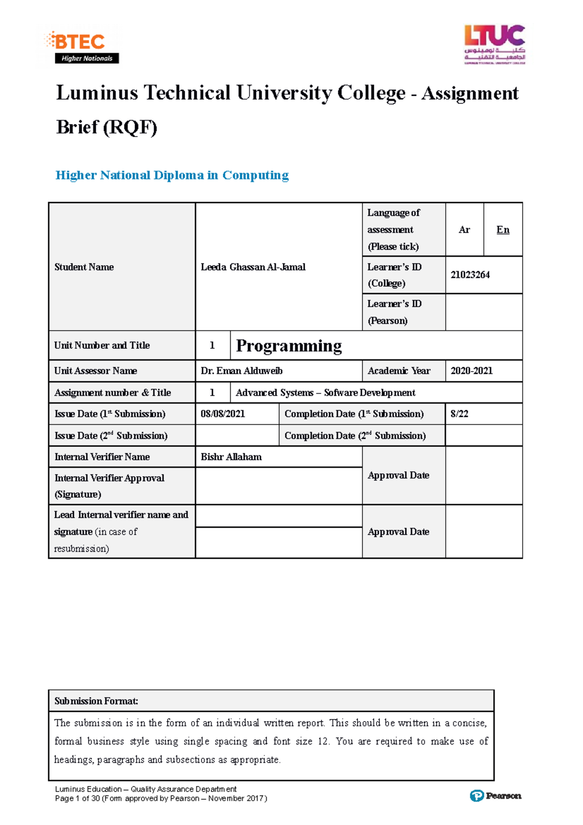 Programming BTEC Assignment example - Luminus Technical University ...