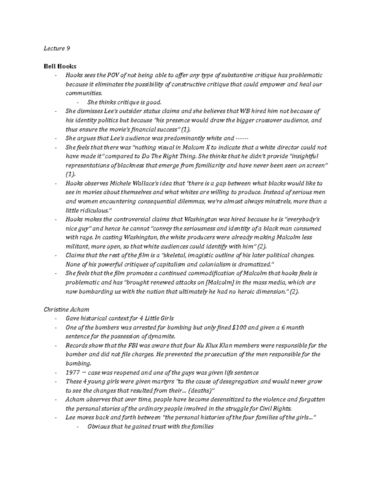 Film 113 Lecture 9 Bell Hooks and Acham Author Notes Lecture 9