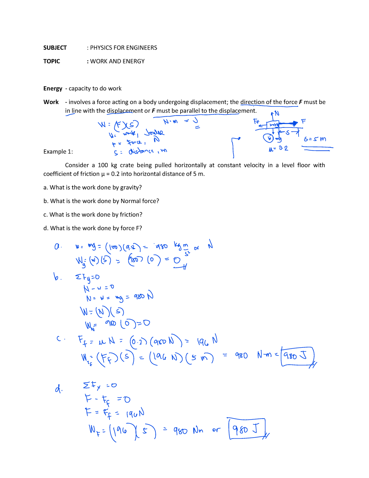 PFE WORK Energy Bsche 1B - SUBJECT : PHYSICS FOR ENGINEERS TOPIC : WORK ...