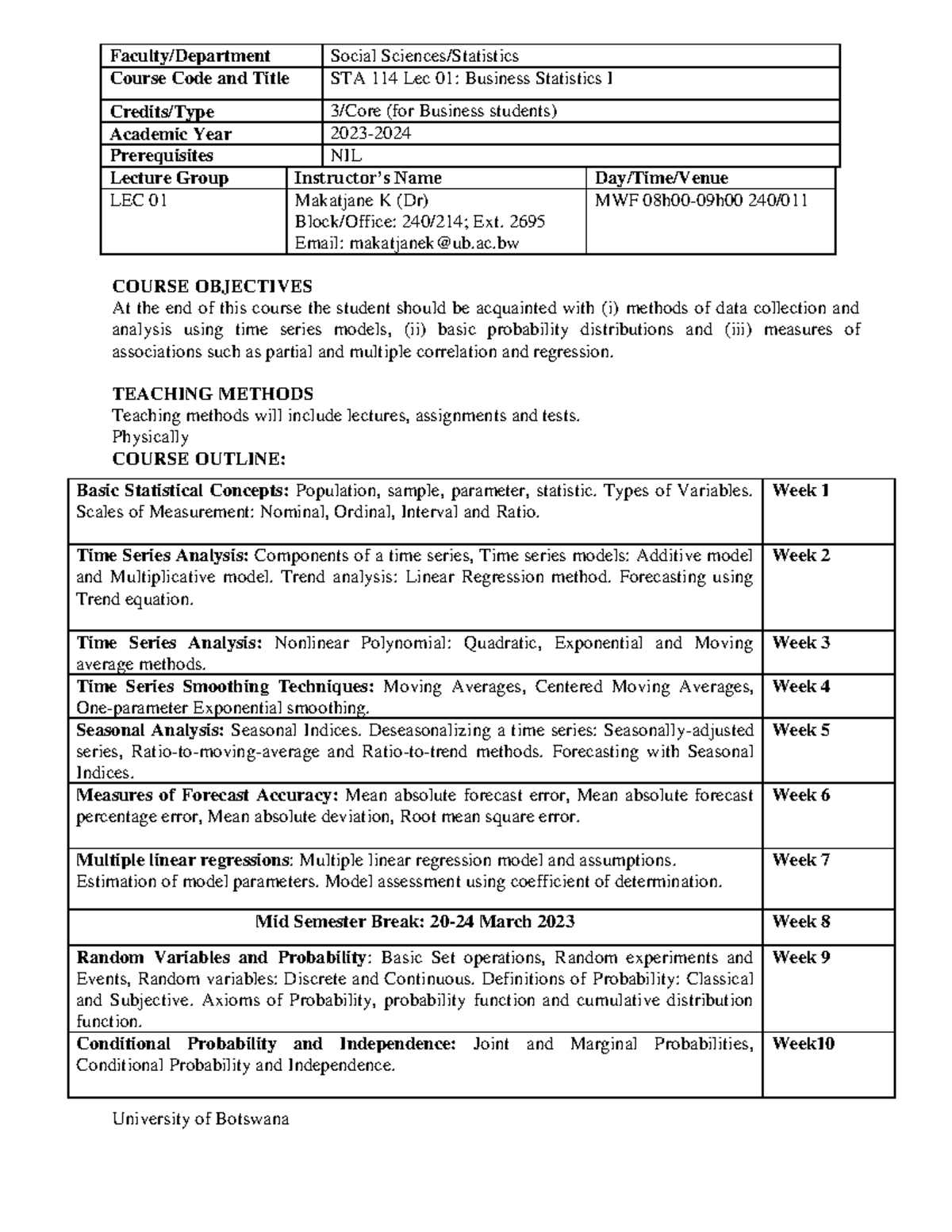 Course outline - N/A - University of Botswana Faculty/Department Social ...