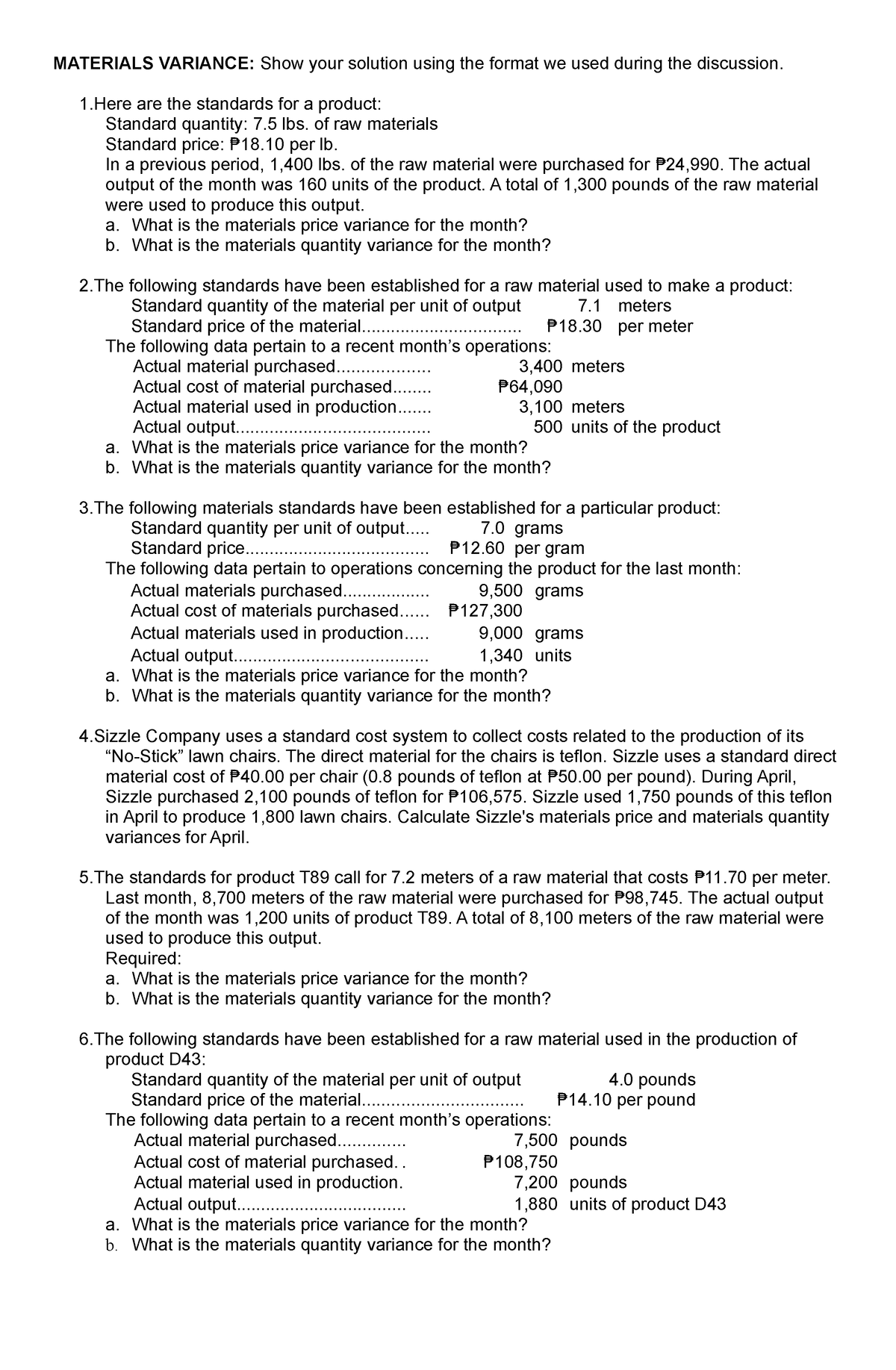 Materials Variance Activity - Schoology - MATERIALS VARIANCE: Show your ...