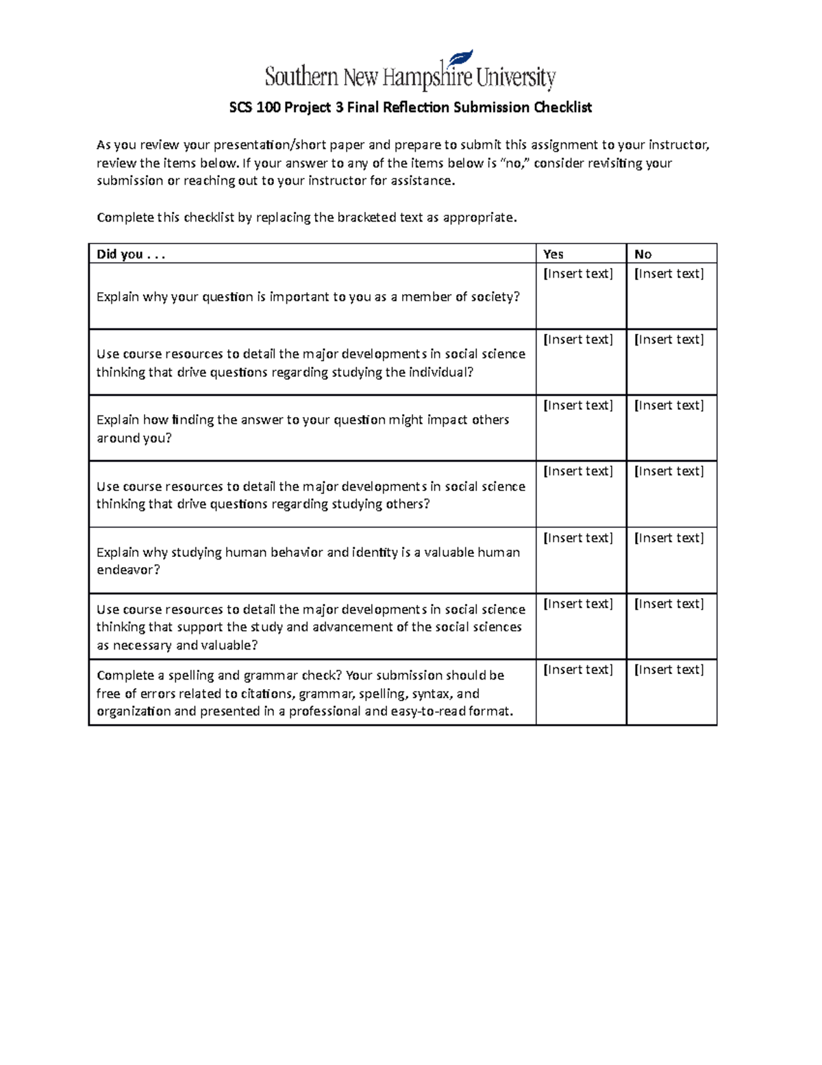 SCS 100 Project 3 Final Reflection Submission Checklist - SCS 100 ...
