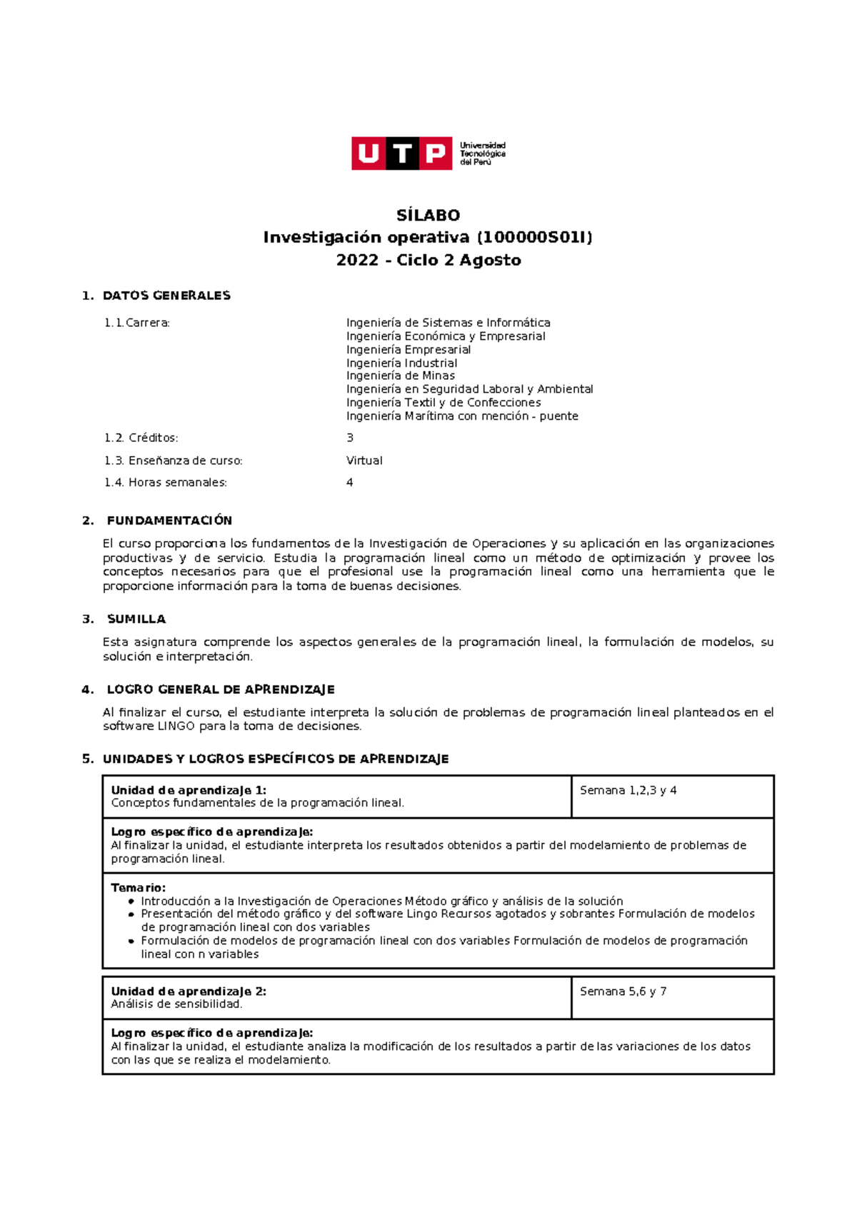 100000 S01I Investigacion Operativa - SÍLABO Investigación Operativa ...