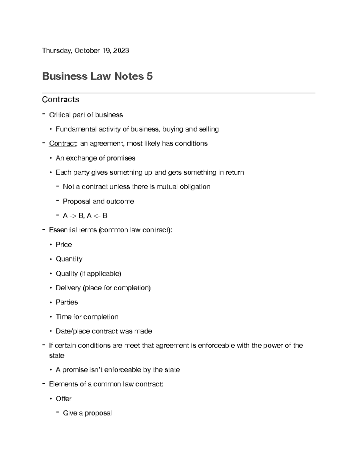 Business Law Notes 5 - Thursday, October 19, 2023 Business Law Notes 5 ...