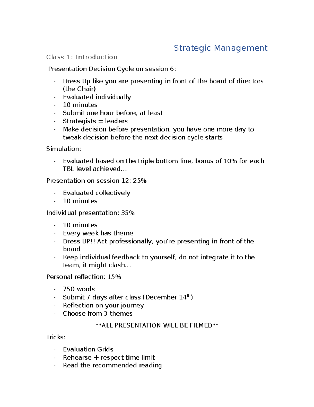 Notes - Strategic Management Class 1: Introduction Presentation ...