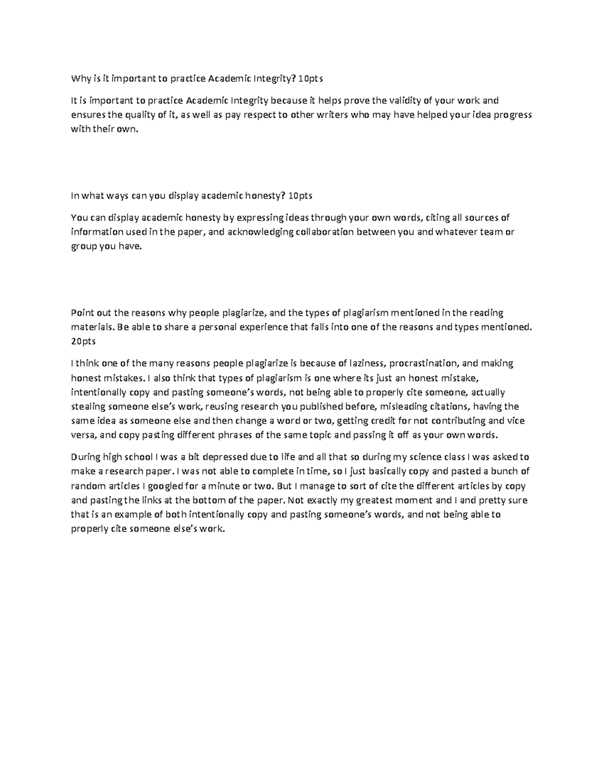 Act.2 Questions and answers about academic Integrity. Why is it important to practice