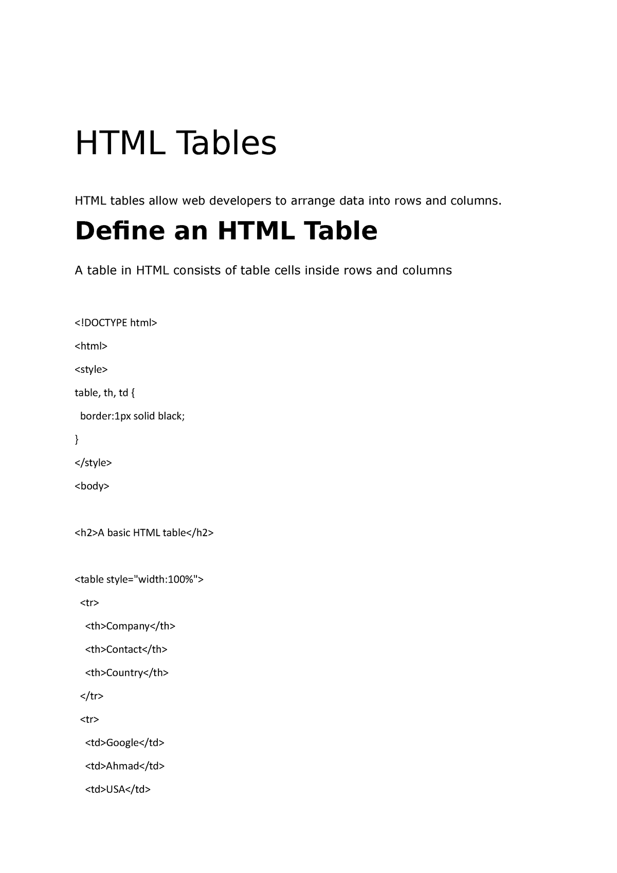 Wrinkles Salesperson editorial HTML Part2 table - HTML Tables HTML tables allow web developers to arrange  data into rows and - StuDocu