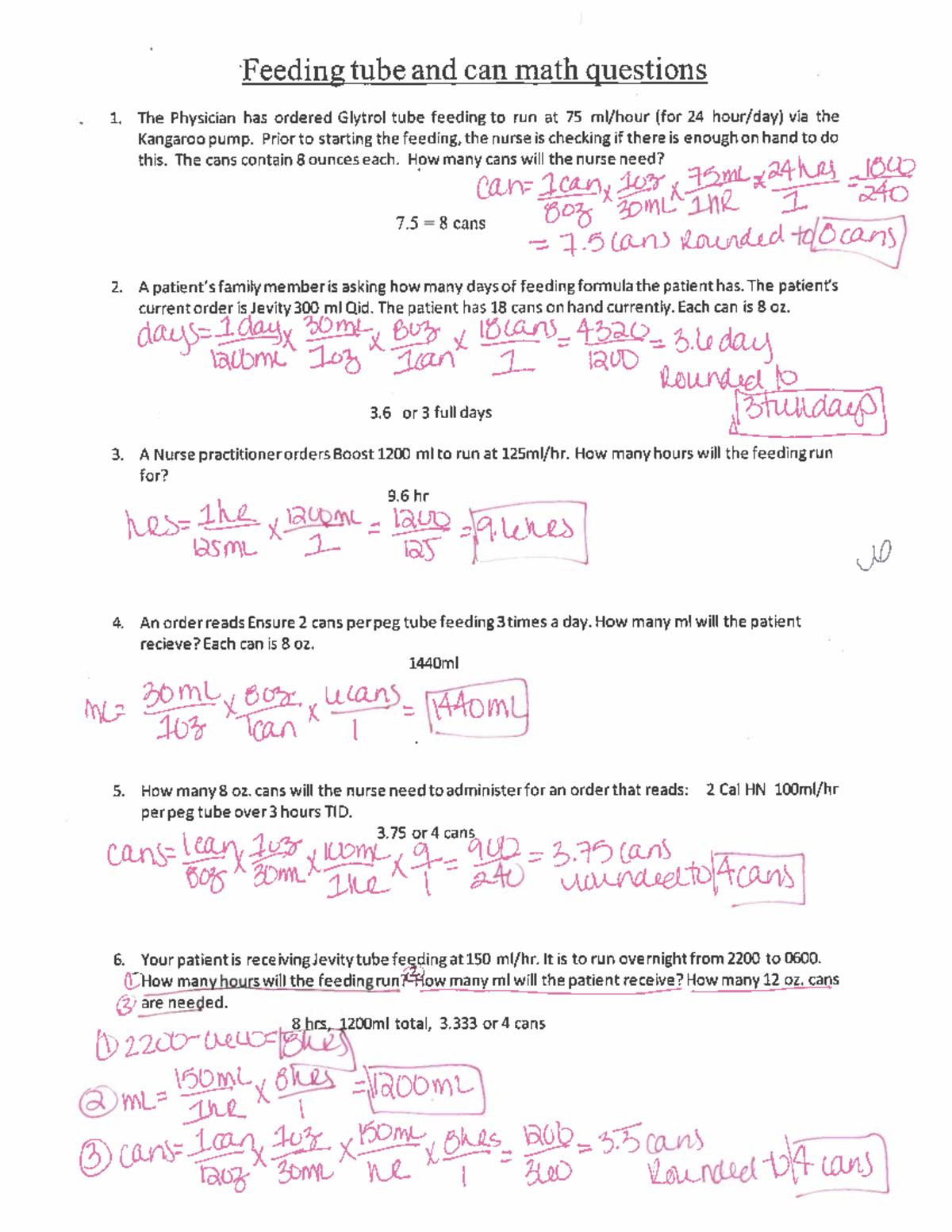 Feeding Tube and Can Math Key - DOS:0124 - Studocu