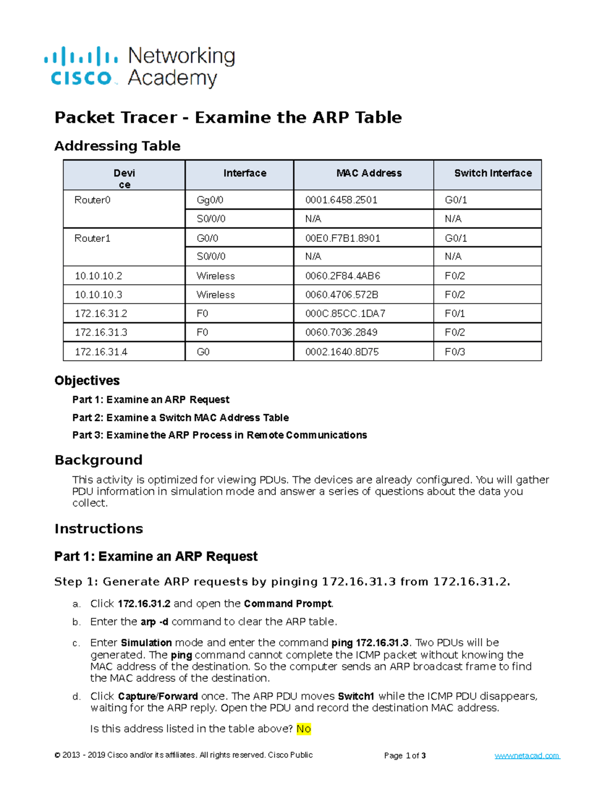9.2.9-packet-tracer -examine-the-arp-table - 2013 - 2019 Cisco and/or ...
