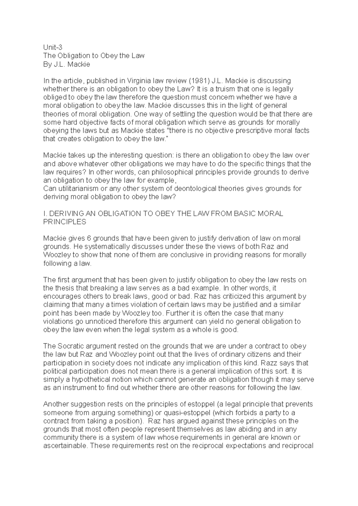 Mackiee Mackie Concept Unit The Obligation To Obey The Law By J 