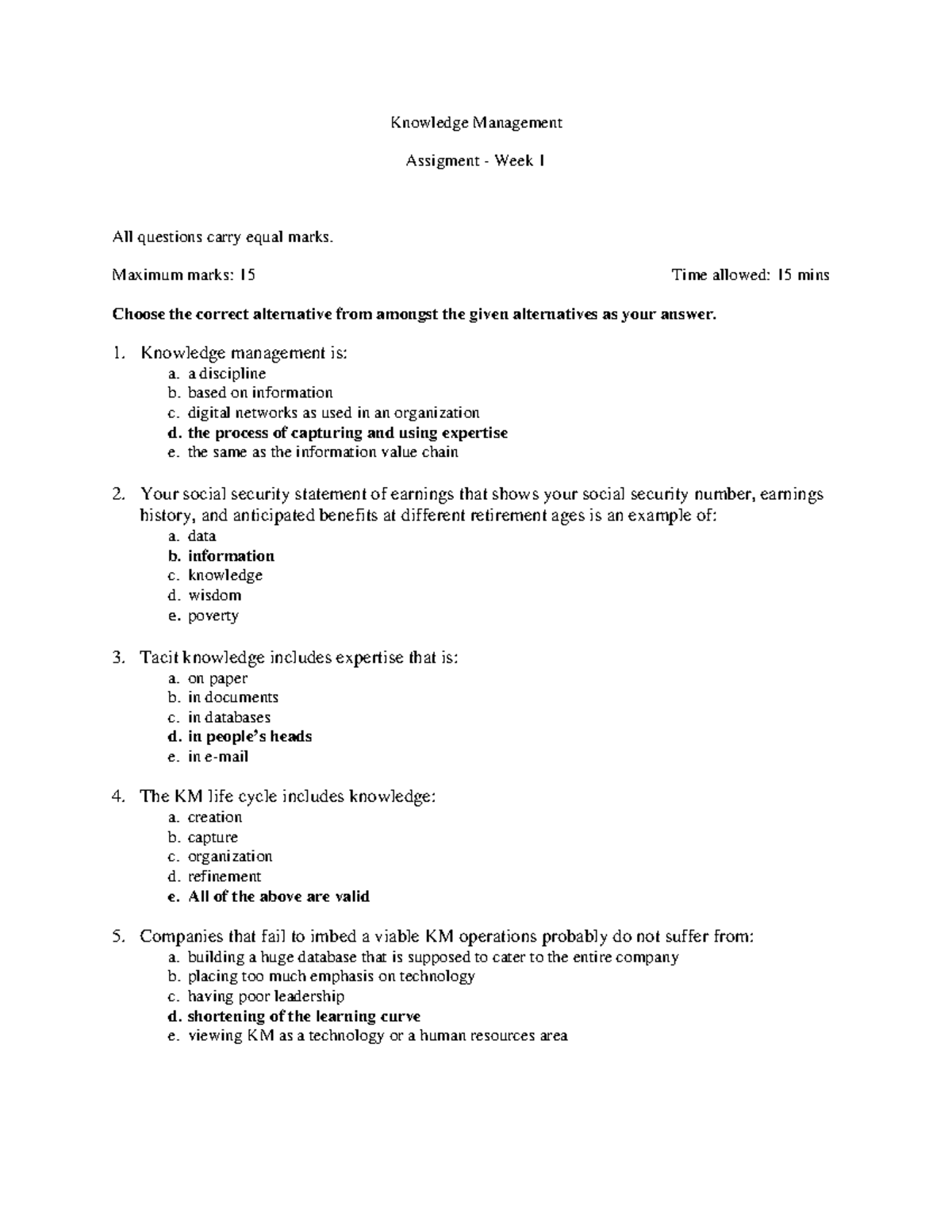 Knowledge Management consolidated assignment mcq practice for students ...