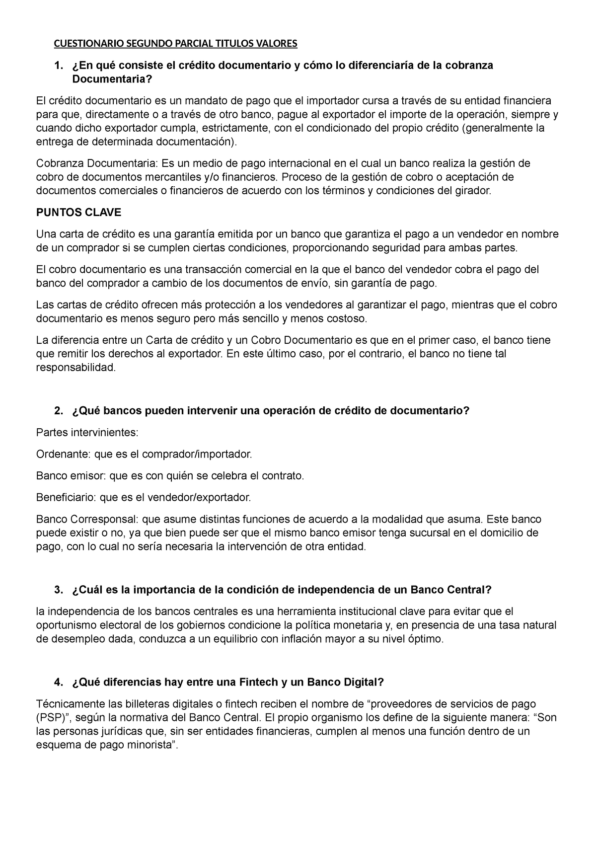 Cuestionario P Titulos Cuestionario Segundo Parcial Titulos Valores