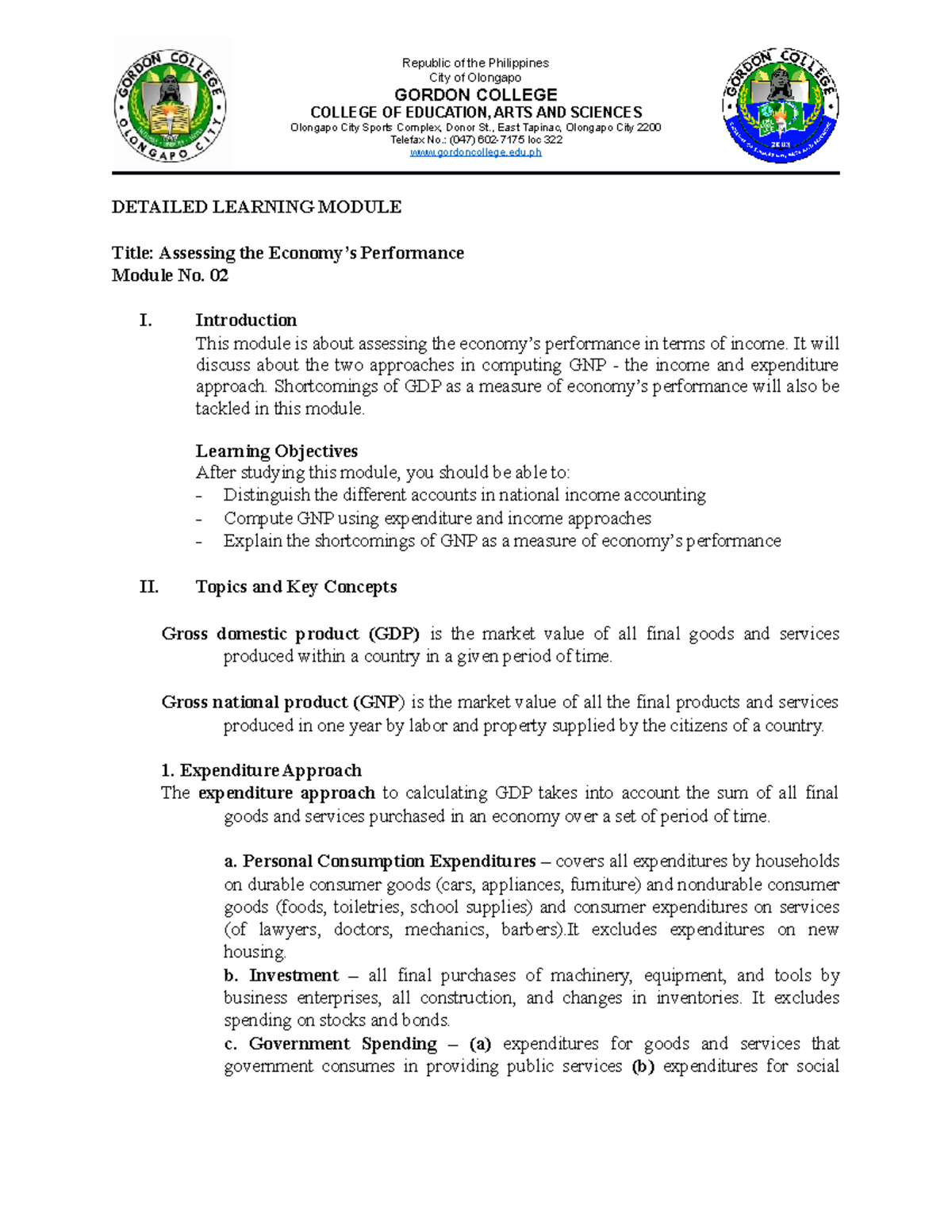 Macro Economics Module 2 - City of Olongapo GORDON COLLEGE COLLEGE OF ...