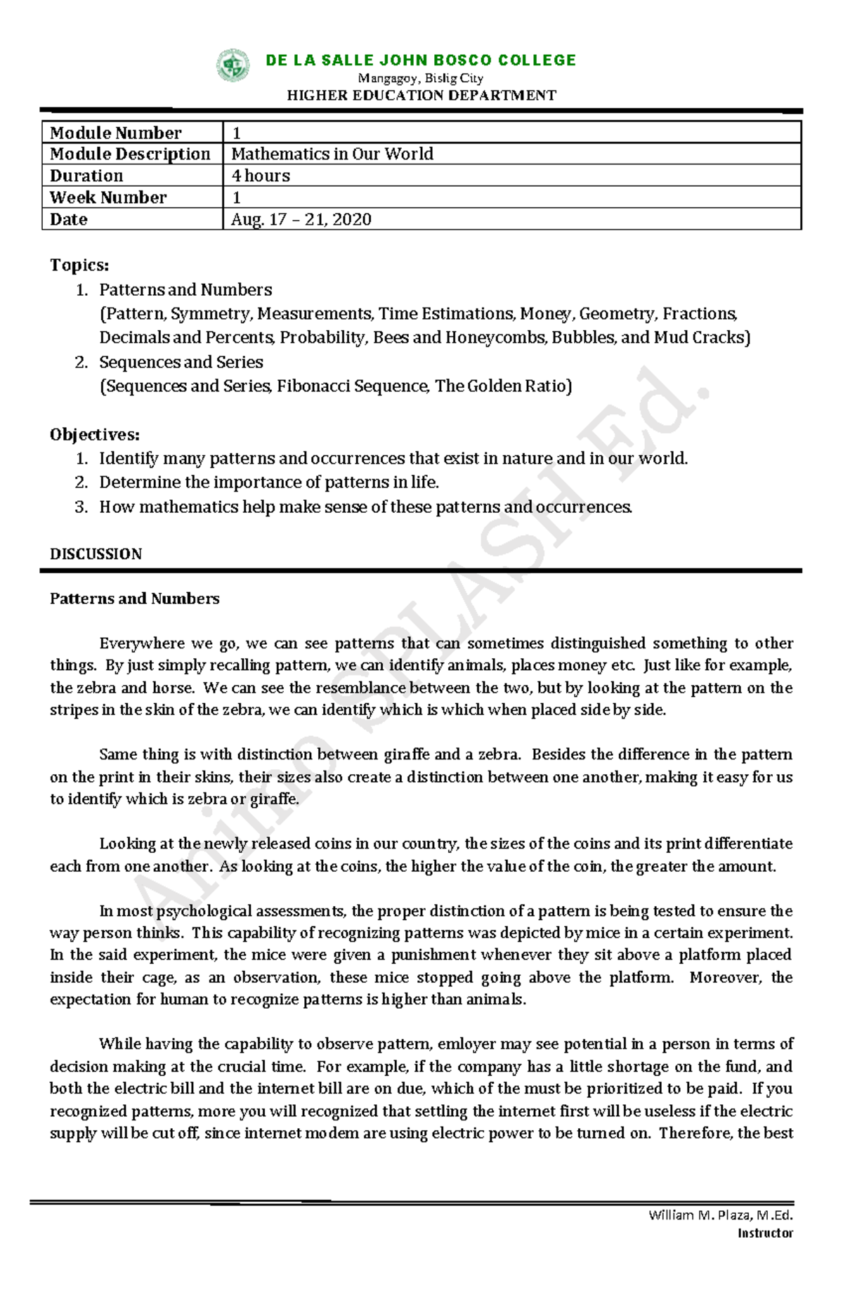 MMW- Module 1 - The content is all about Mathematics in the world which ...