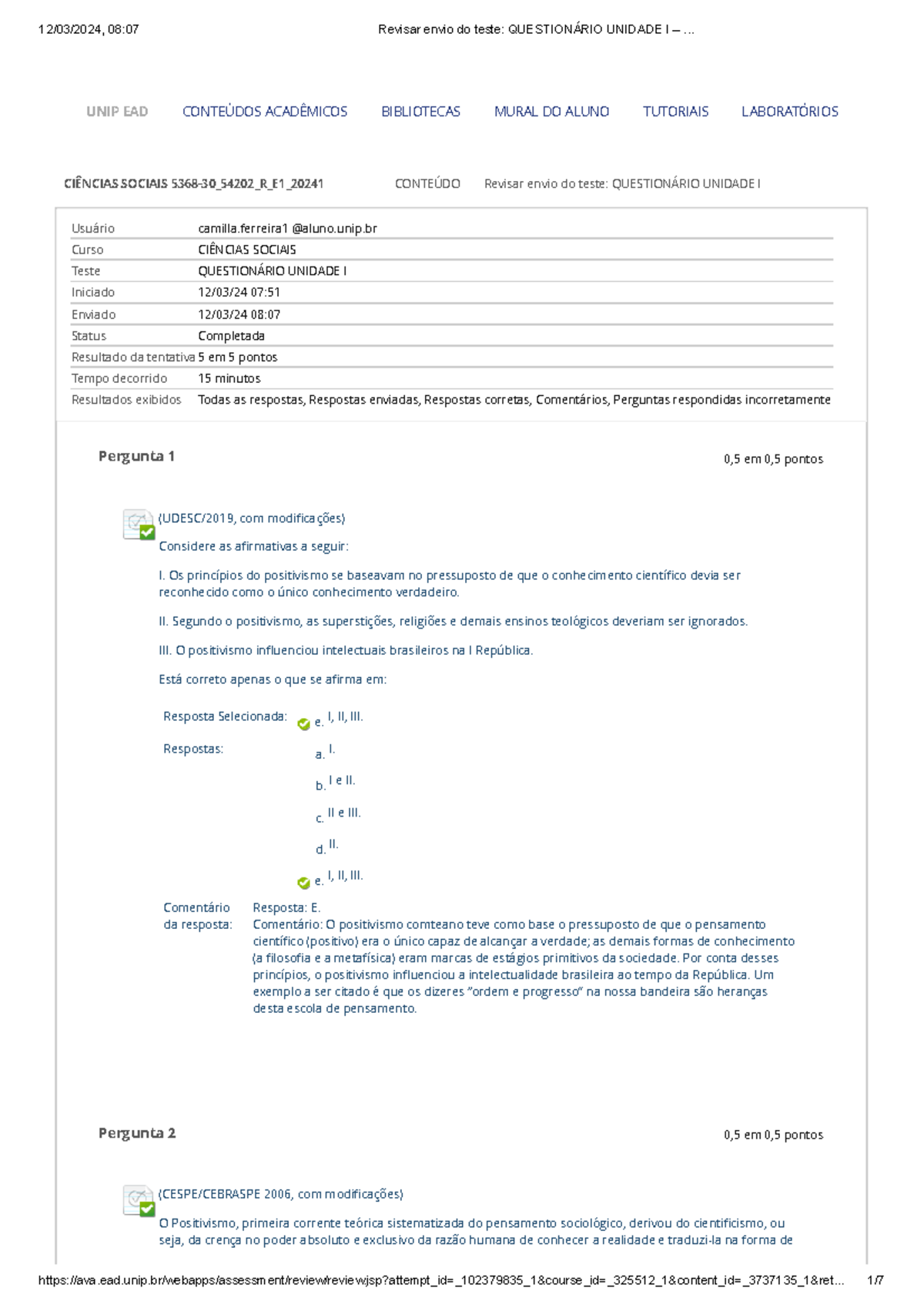 Revisar Envio Do Teste Questionário Unidade I – - CIÊNCIAS SOCIAIS 5368 ...