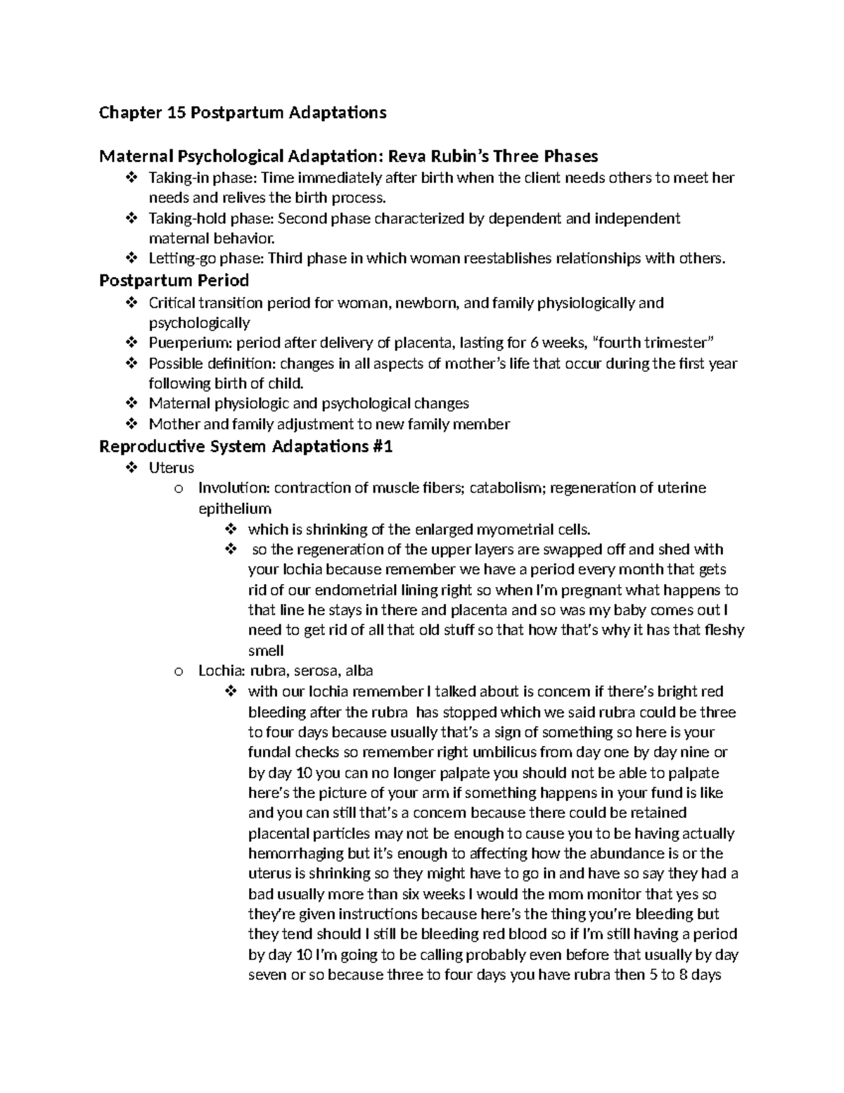 Chapter 15 - Notes - Chapter 15 Postpartum Adaptations Maternal ...