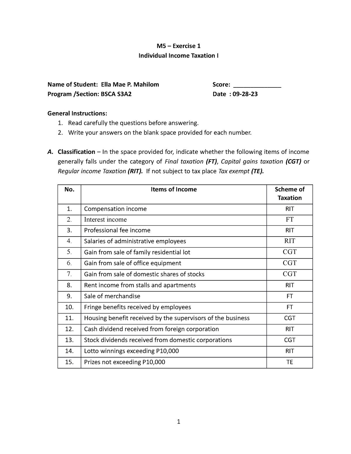 Ibtm5 - (ex) - None - M5 – Exercise 1 Individual Income Taxation I Name 