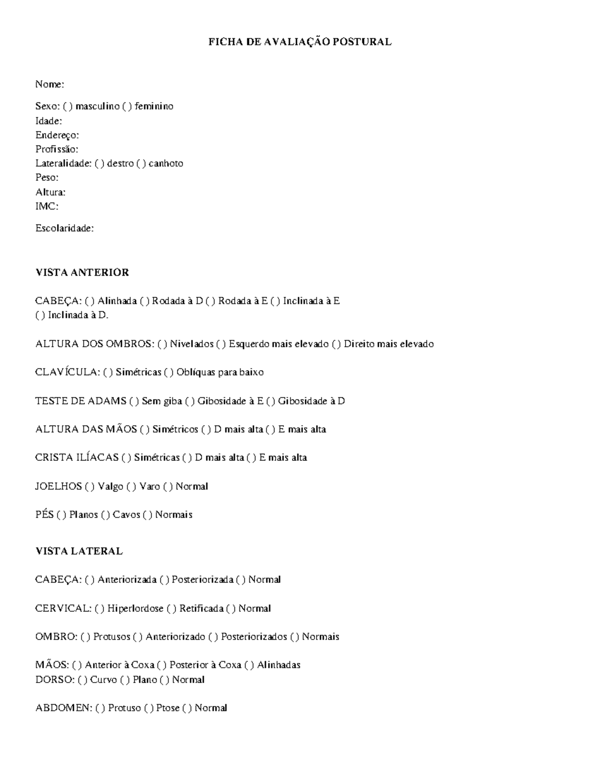 Ficha de avaliação de fisioterapia