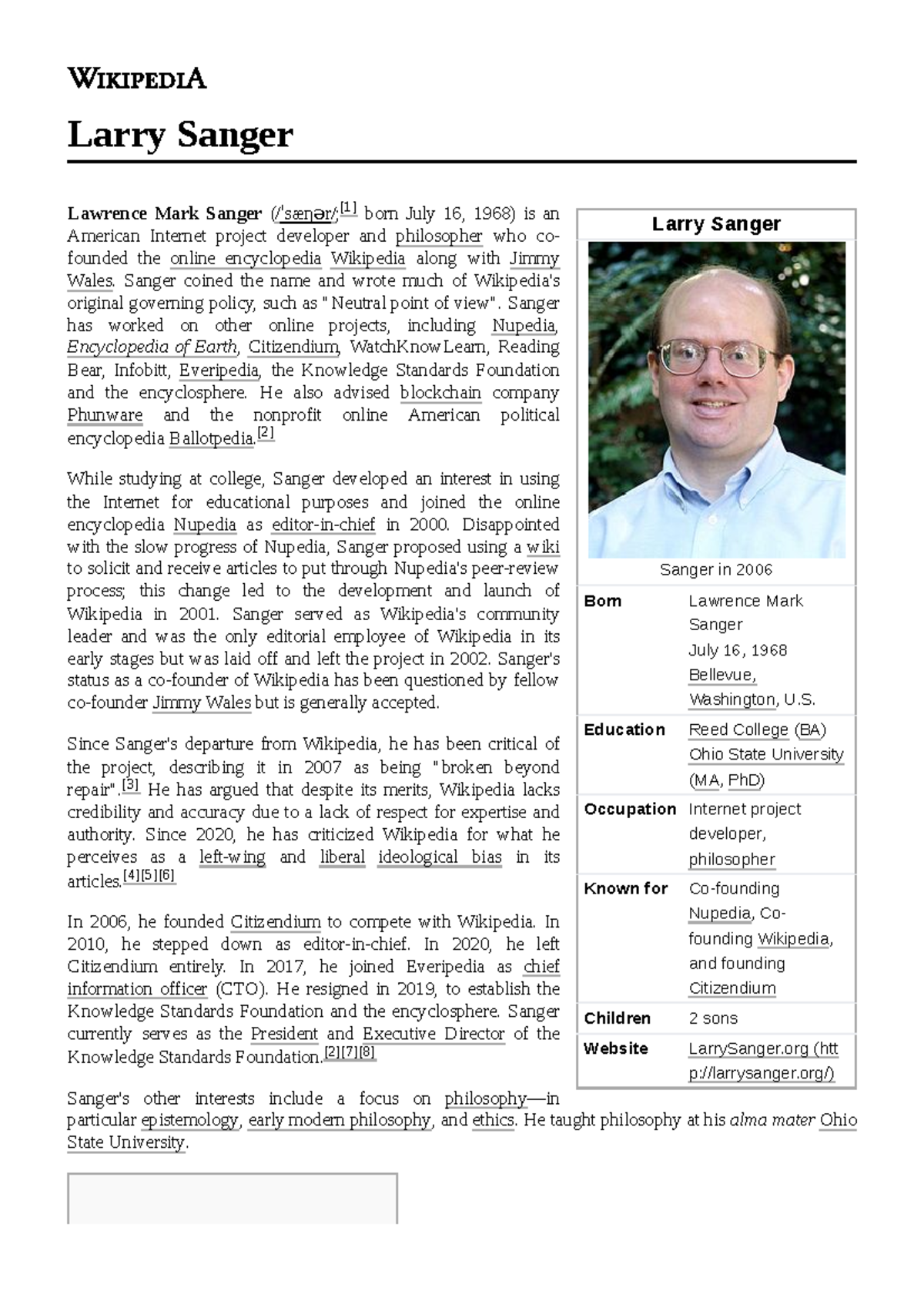 Larry Sanger - 87878 - Larry Sanger Sanger in 2006 Born Lawrence Mark