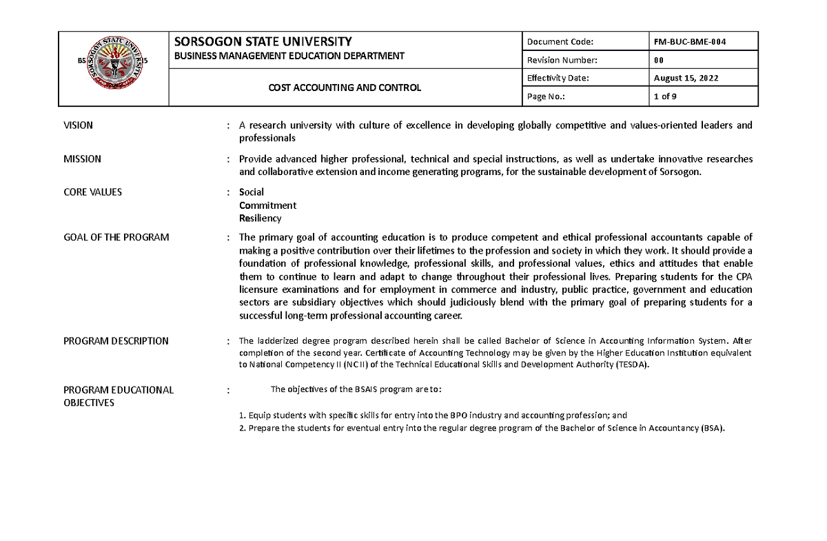 Course Syllabus ON Accounting AND Control 2023 BSA IS Based ON Revised ...