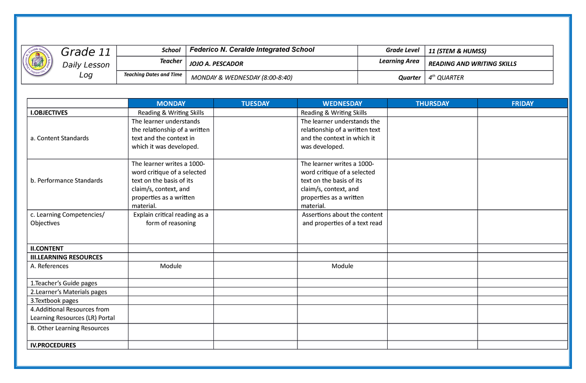 Dll in reading and writing Grade 11 Daily Lesson Log School Federico