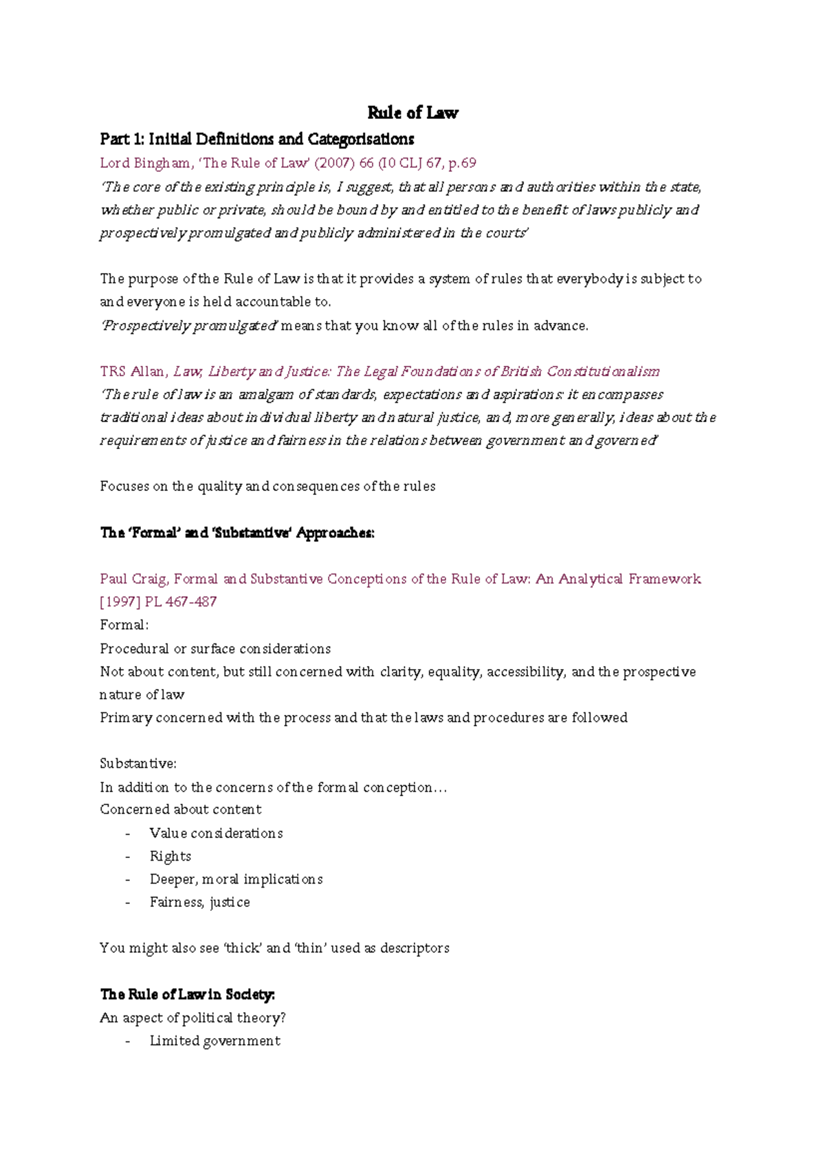 Rule of Law Part 1: Initial Definitions and Categorisations - Studocu